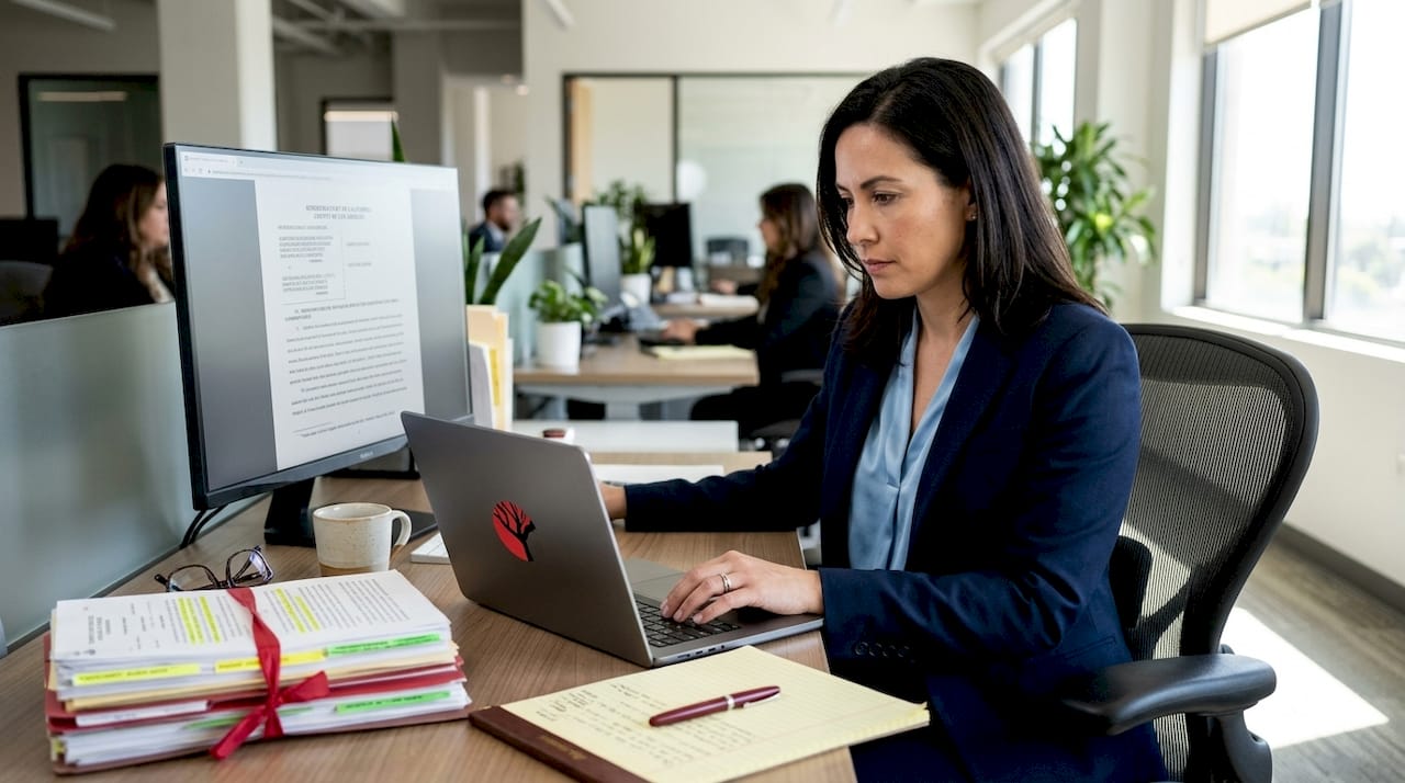 Attorney researching with analytics tools at desk