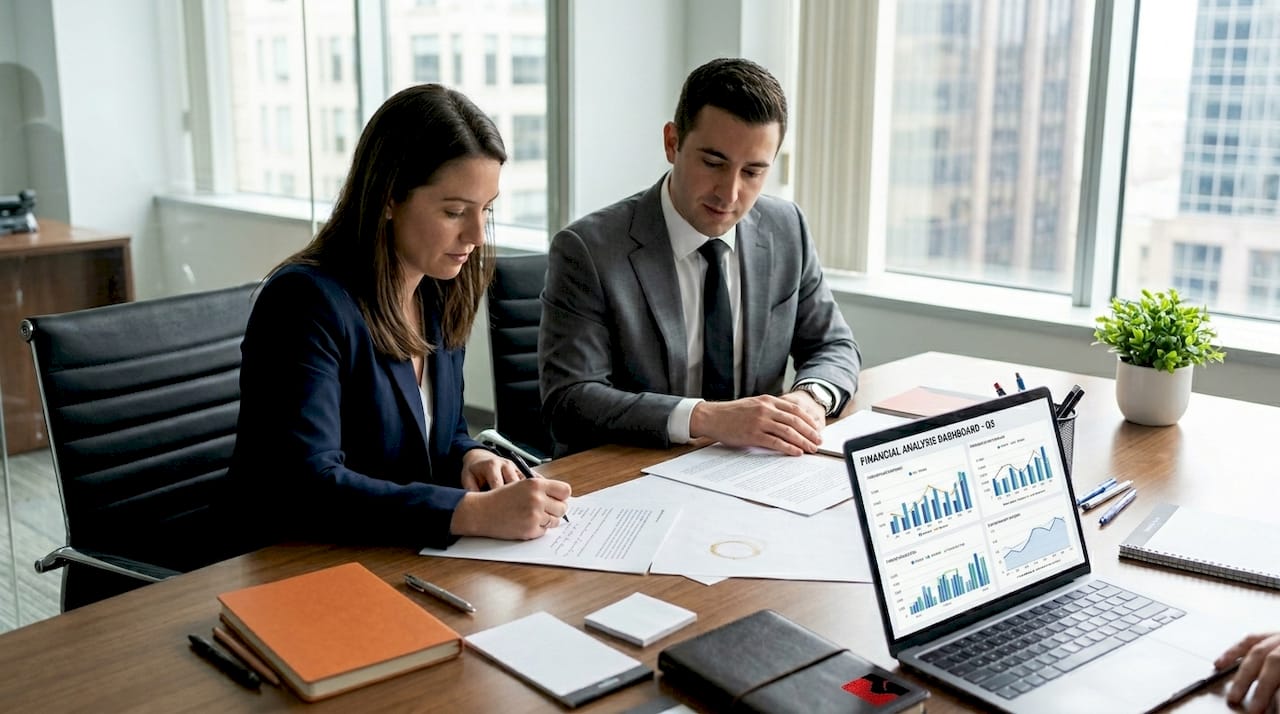 Legal professionals reviewing research results together