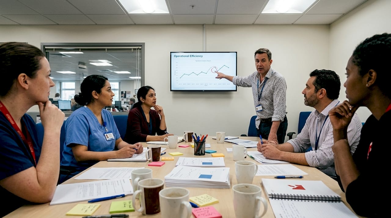 Hospital staff discuss analytics reports