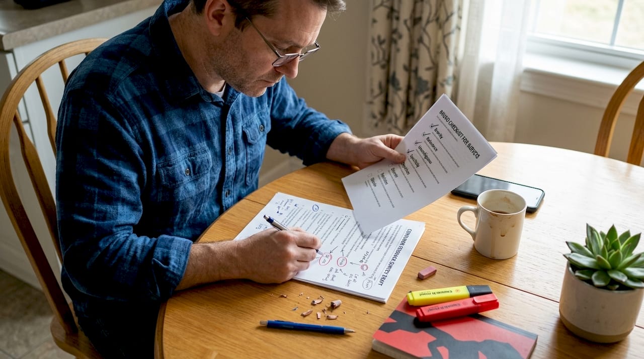Researcher reviewing BRUSO checklist draft