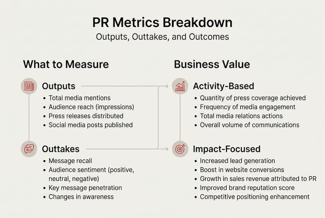Infographic outlining PR analytics measurement types