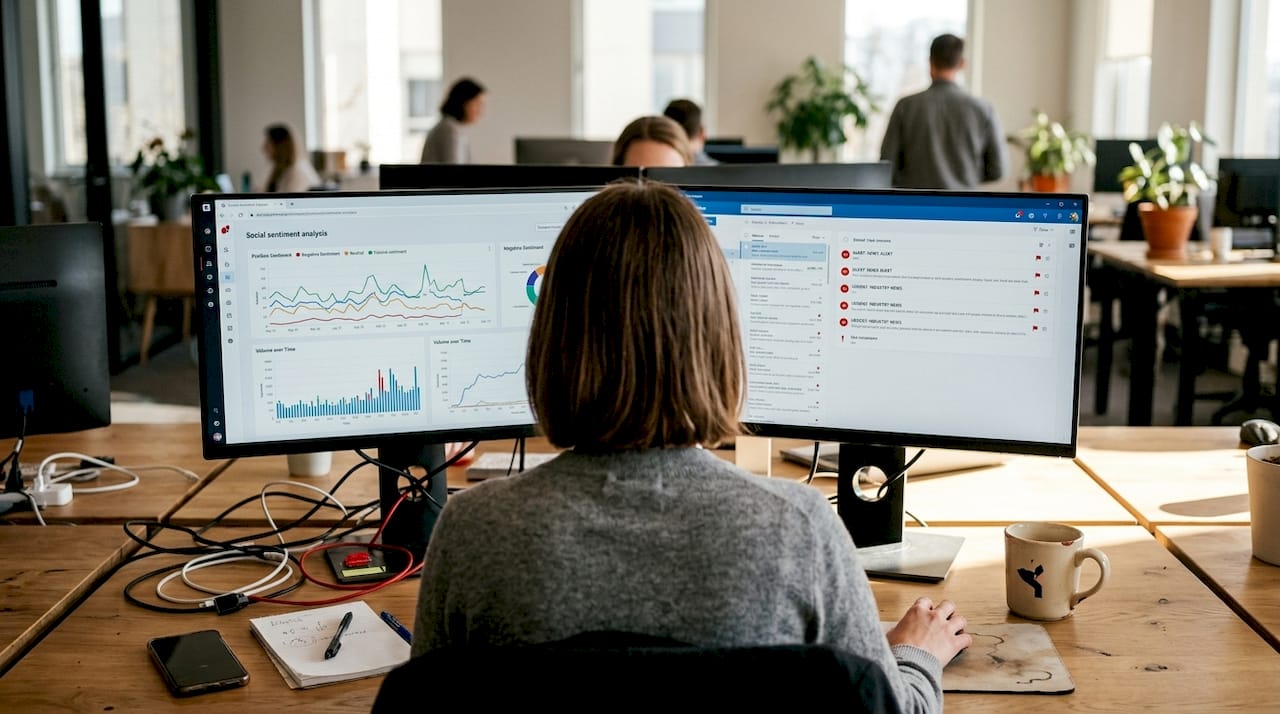 Professional using sentiment analysis tools at desk