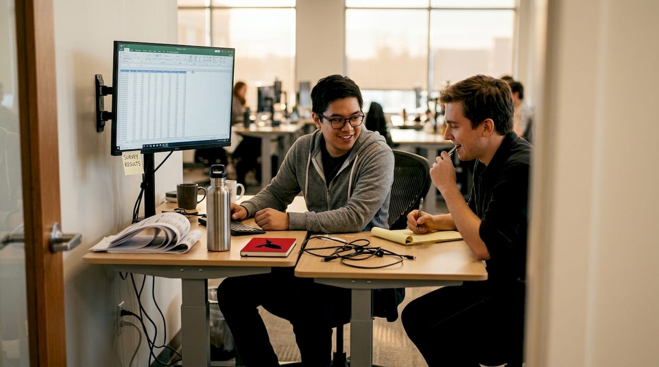 Data analysts discussing sample survey results