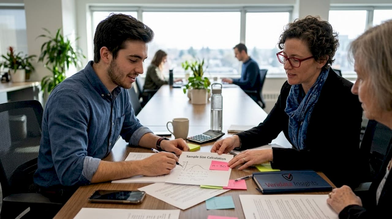 Team discusses sample size around workspace table