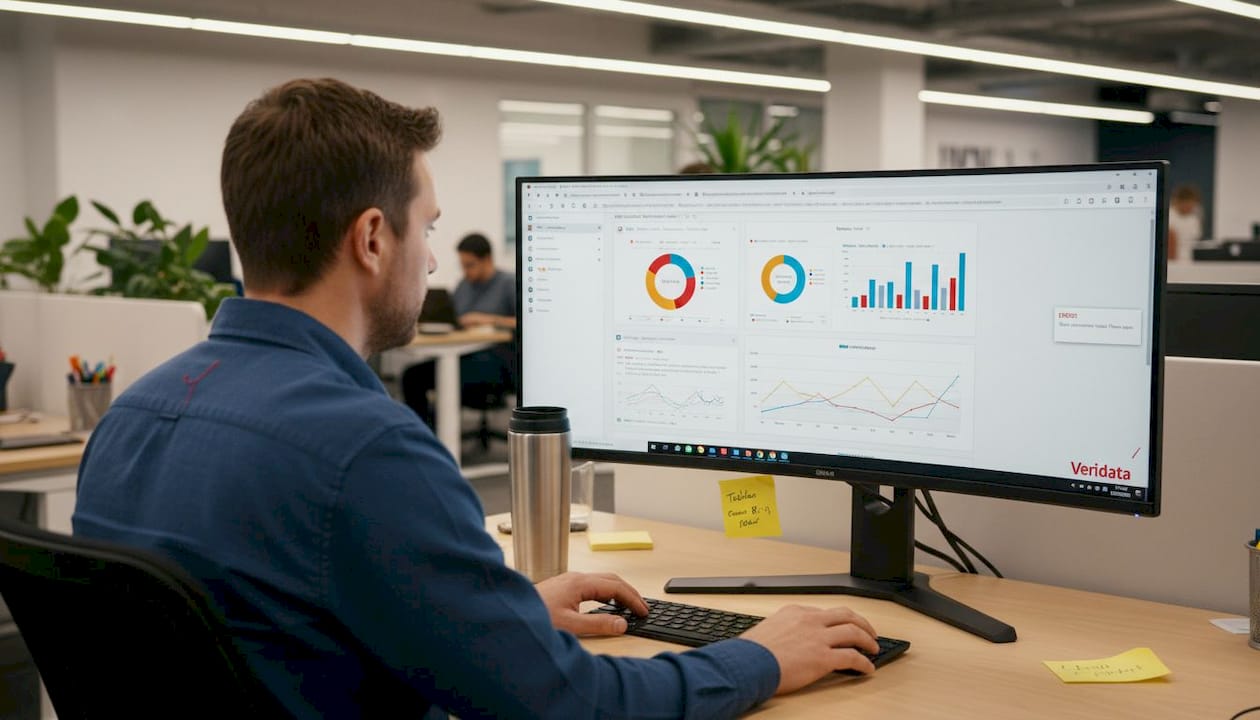 Analyst using market research tools at computer