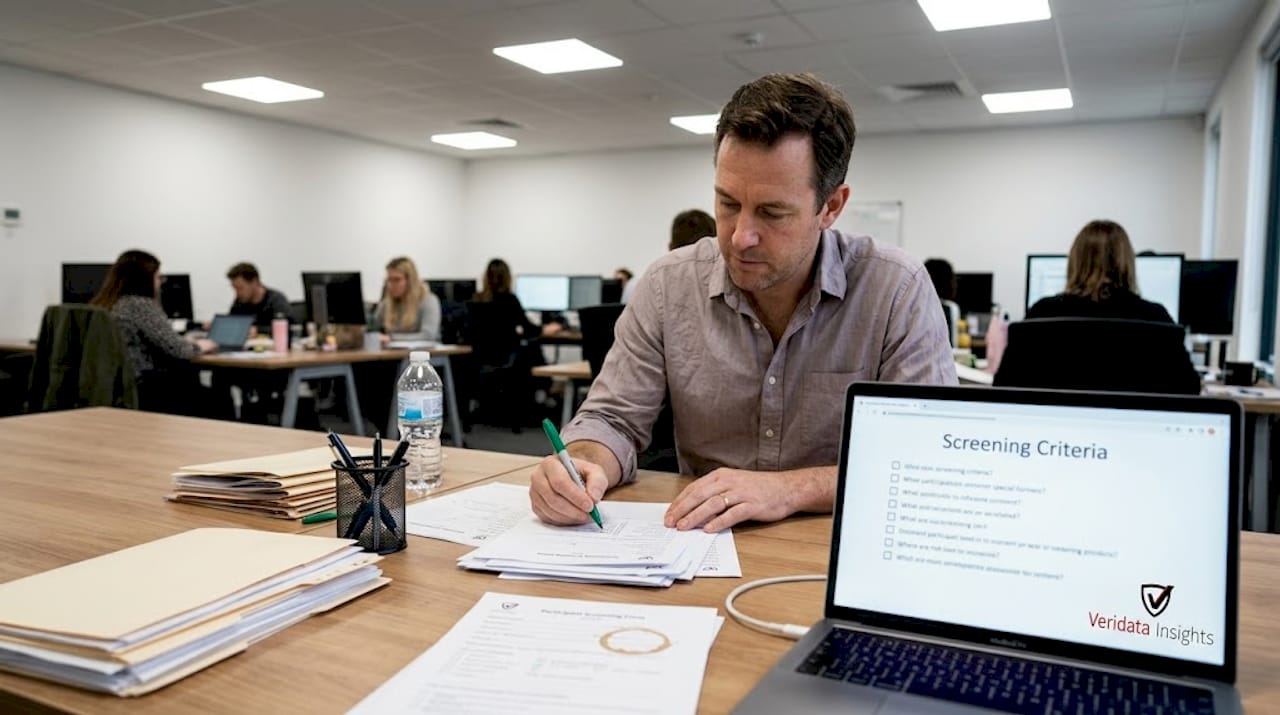 Man reviewing participant screening sheets in office