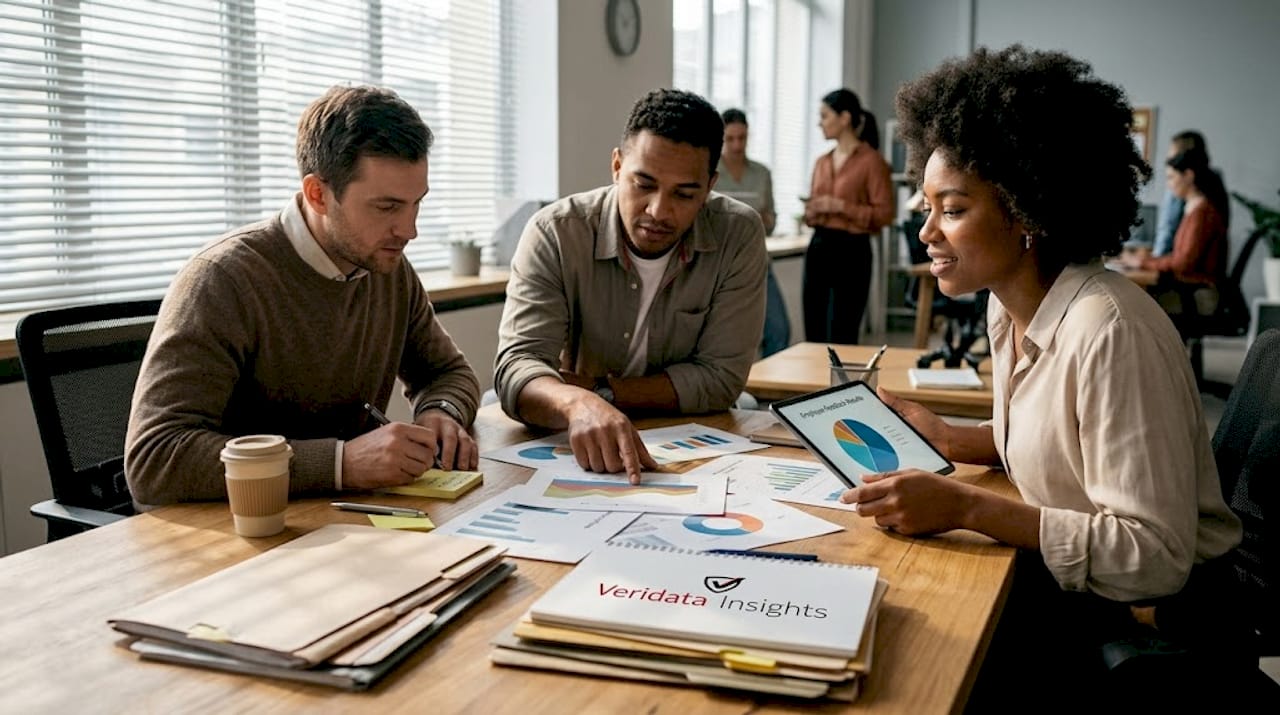Team reviewing printed charts and graphs