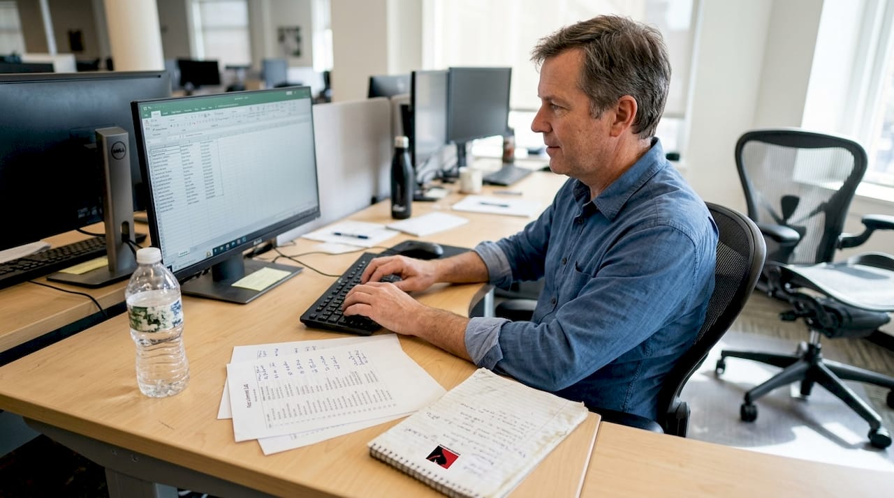 Man updating survey participant spreadsheet in office