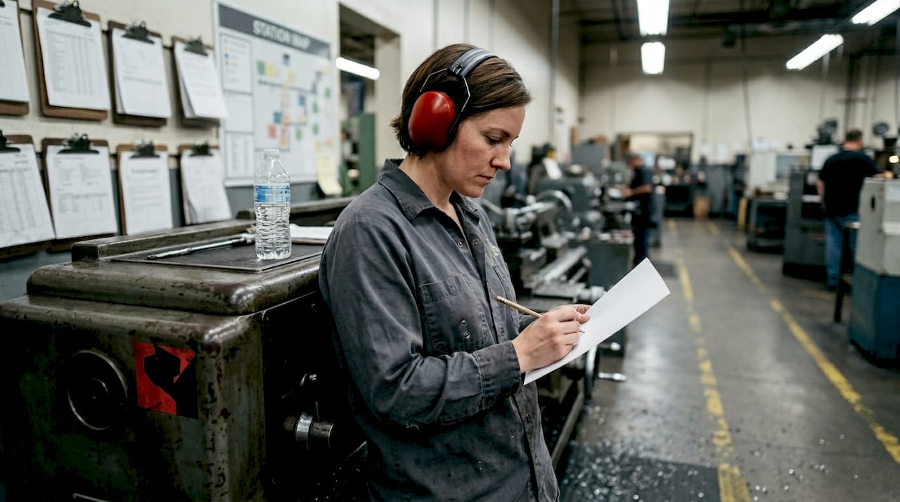 Operator completing survey on manufacturing floor