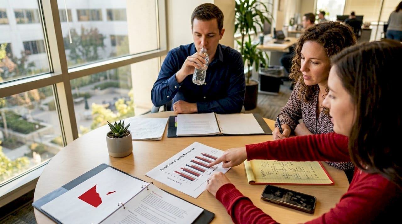 Team discusses sample size versus quality at meeting table