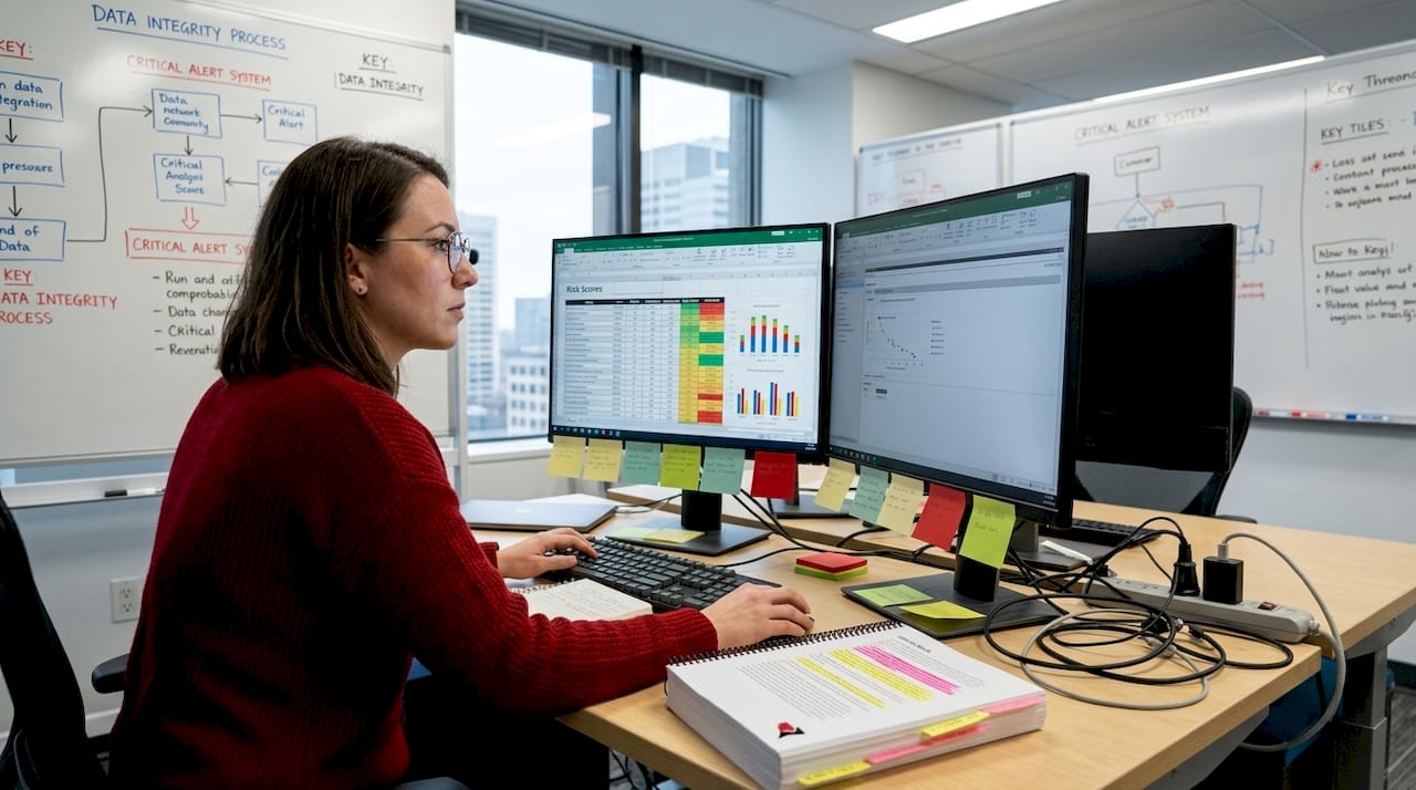 Business analyst reviewing risk scores at desk