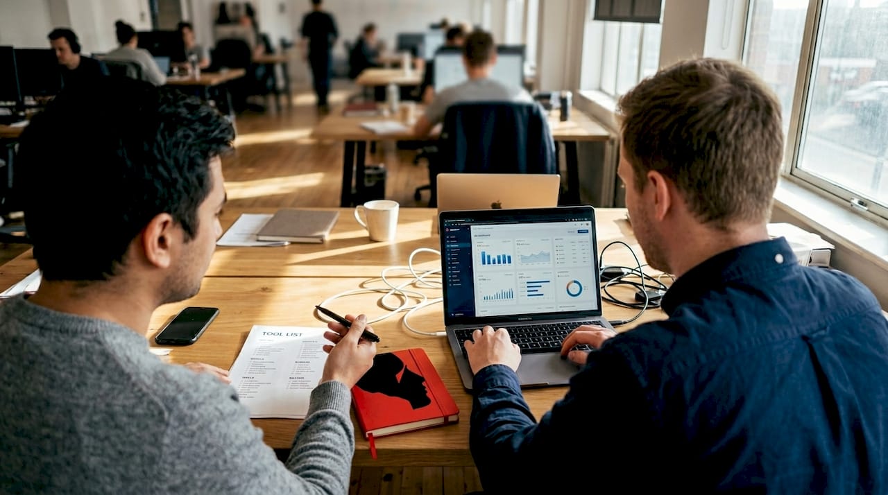 Agency team discusses tools at shared desk