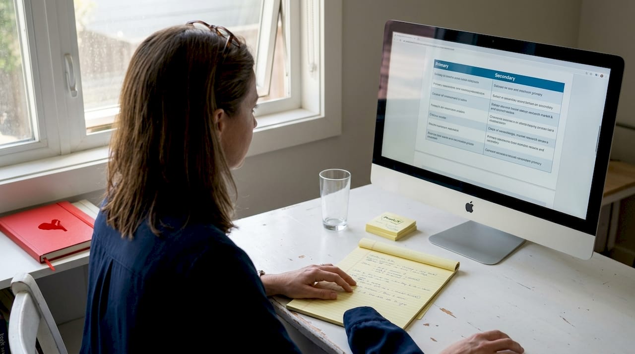 Analyst comparing survey notes and market data
