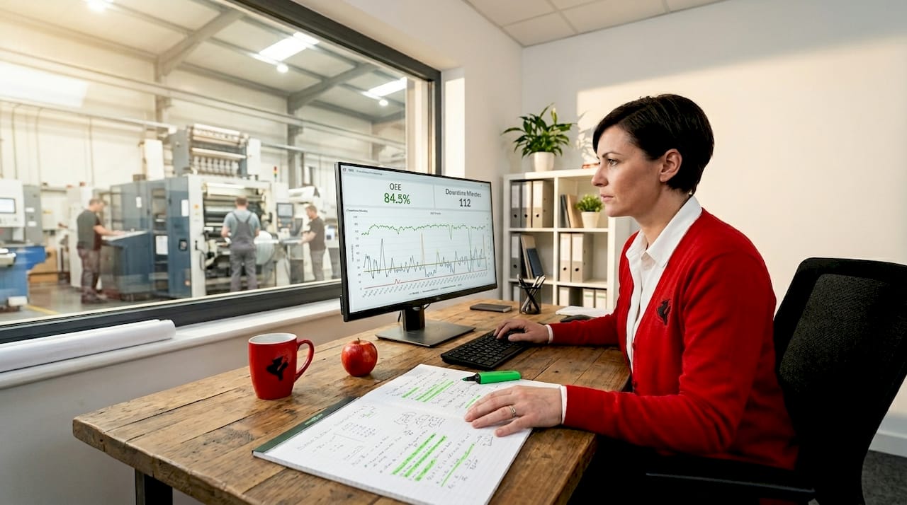 Production manager studies factory performance dashboard