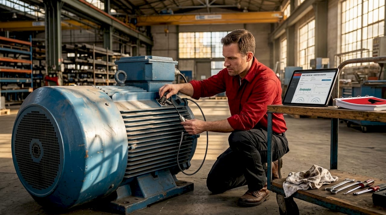 Technician installing vibration sensor on factory motor