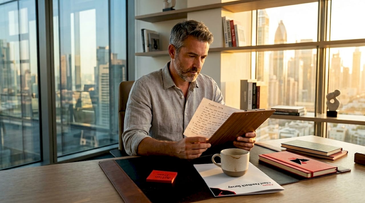 Man reviewing survey feedback in workspace