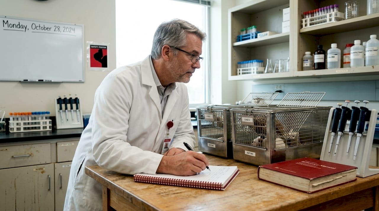 Technician documenting preclinical animal research notes