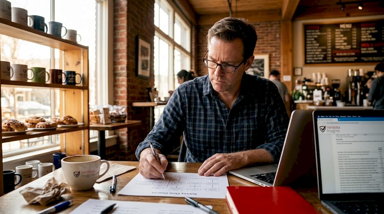 Survey programmer reviewing complex flow in office