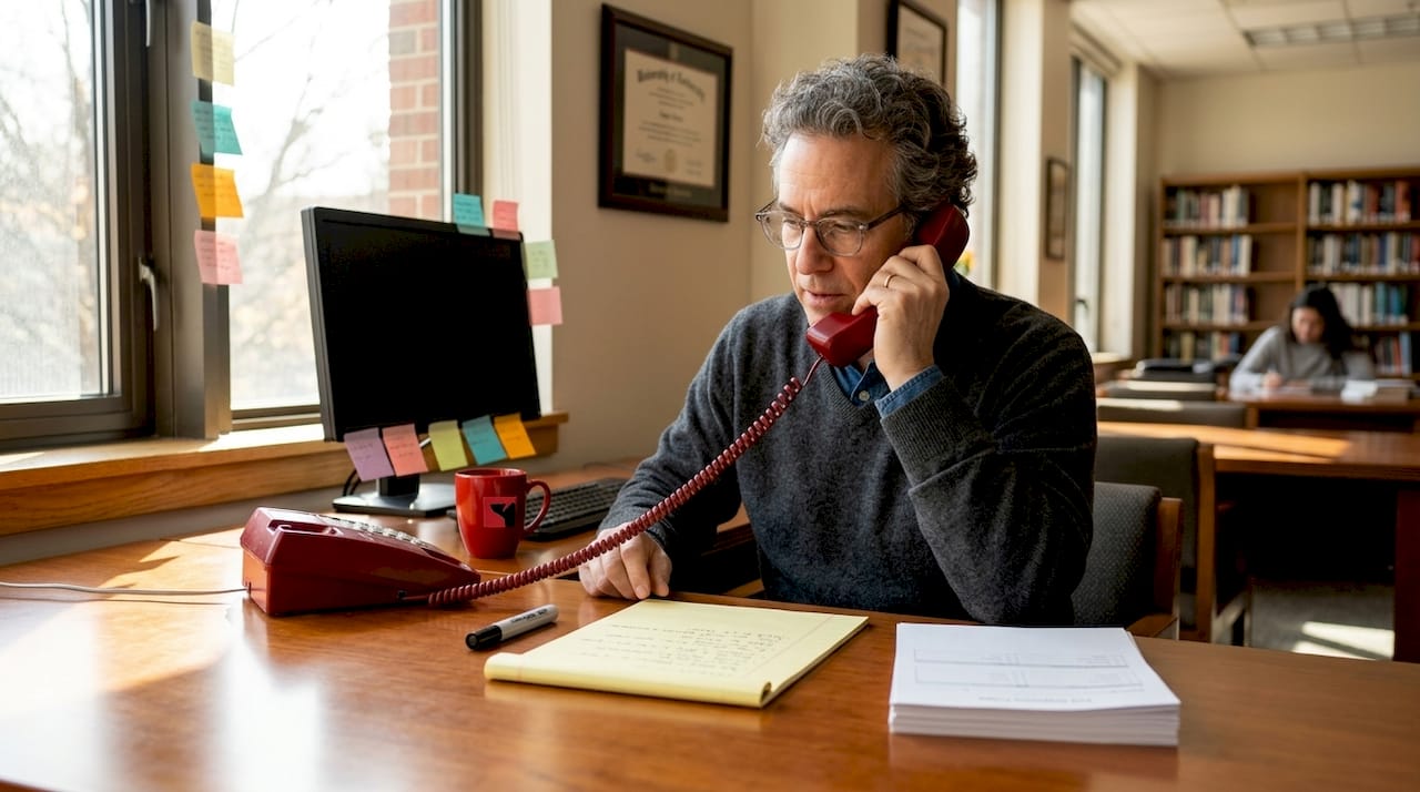 Man conducting phone poll in library study room
