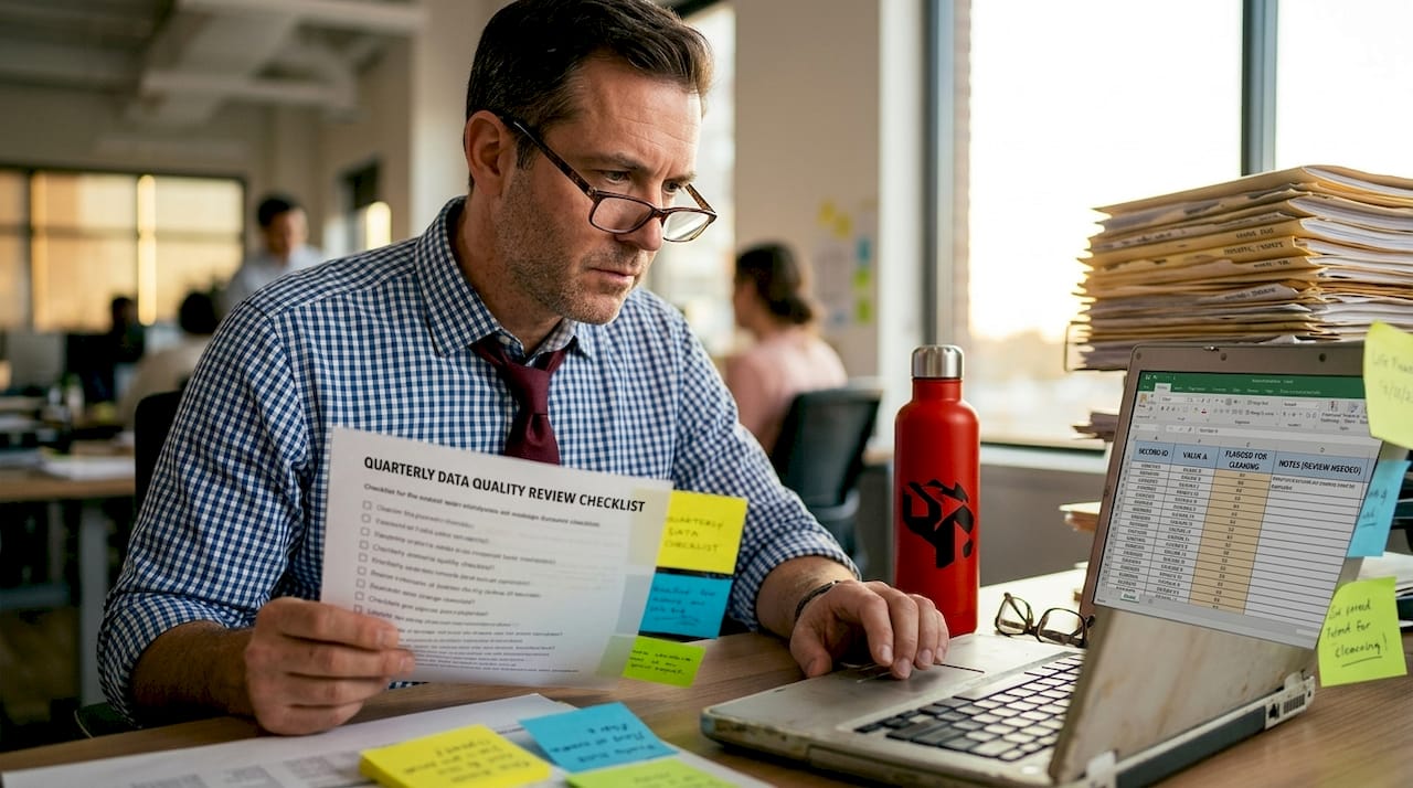 Analyst reviewing data sheets and checklists