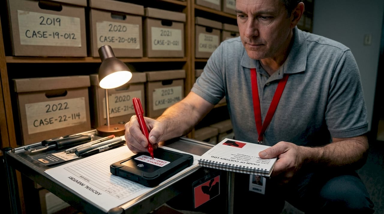 IT officer labeling legal backup drive in storage room