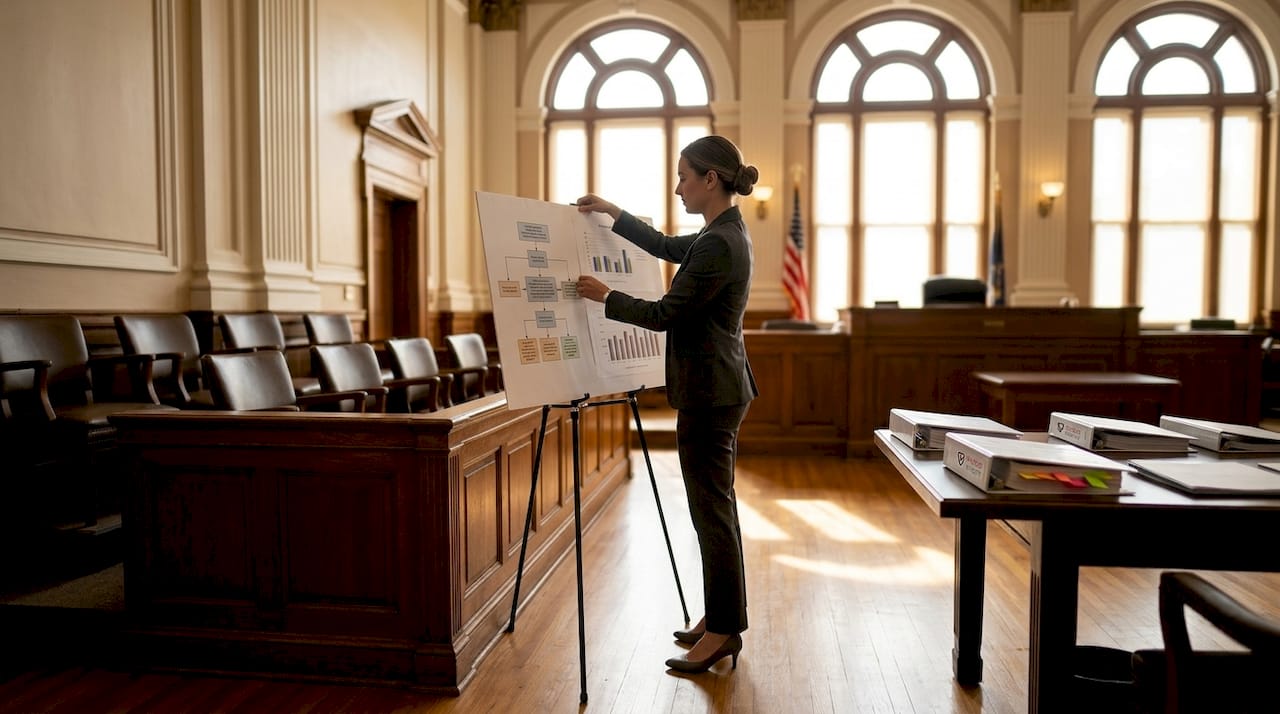 Attorney placing charts on courtroom easel