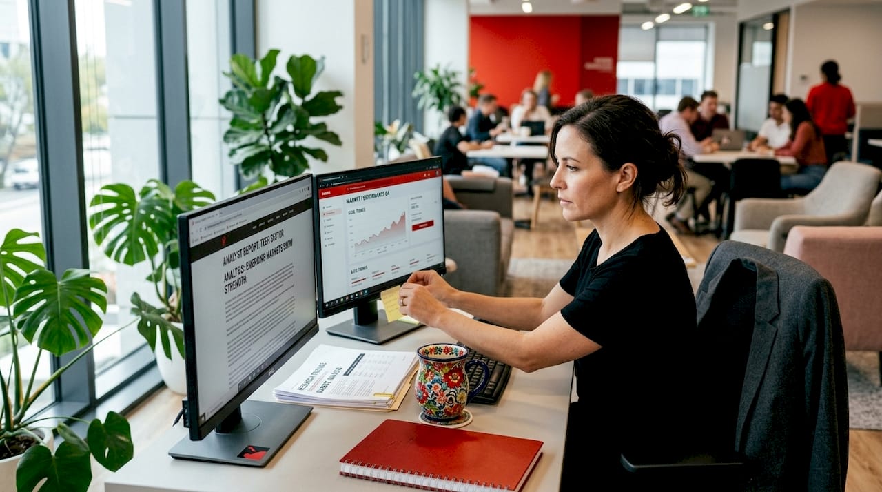 Colleague uses analyst report platform at computer