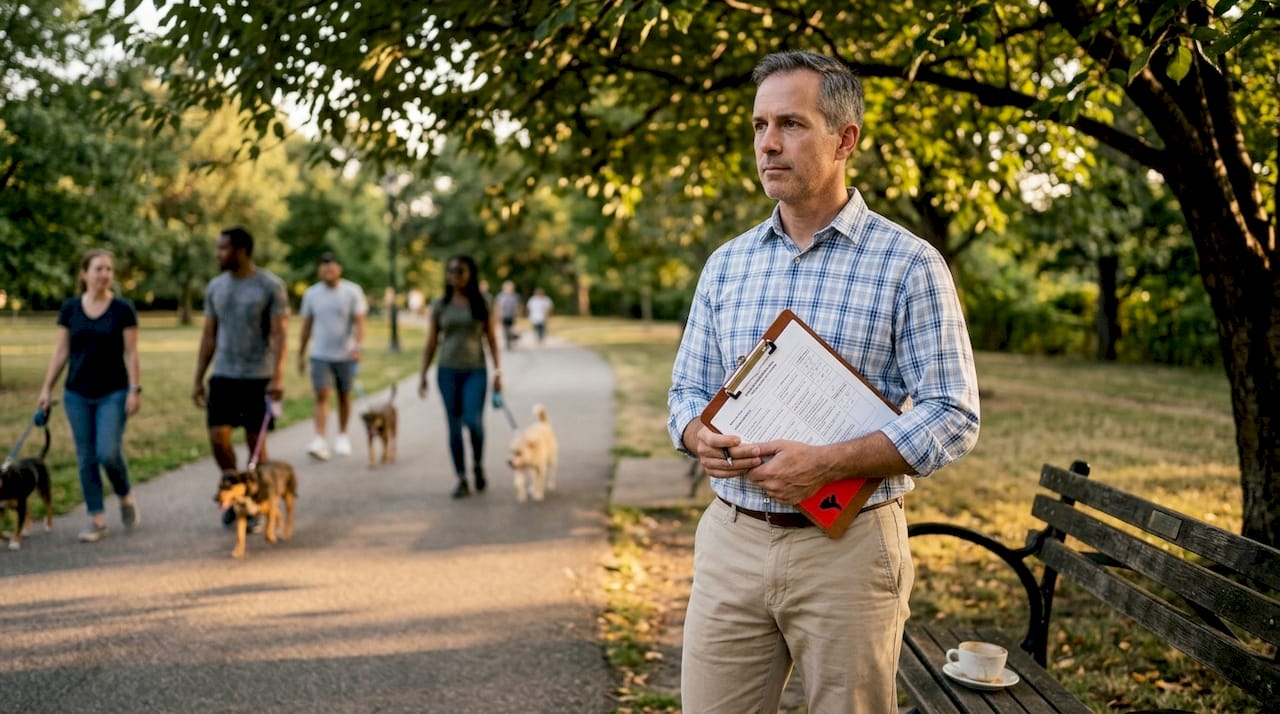 Researcher observing pedestrians and taking notes