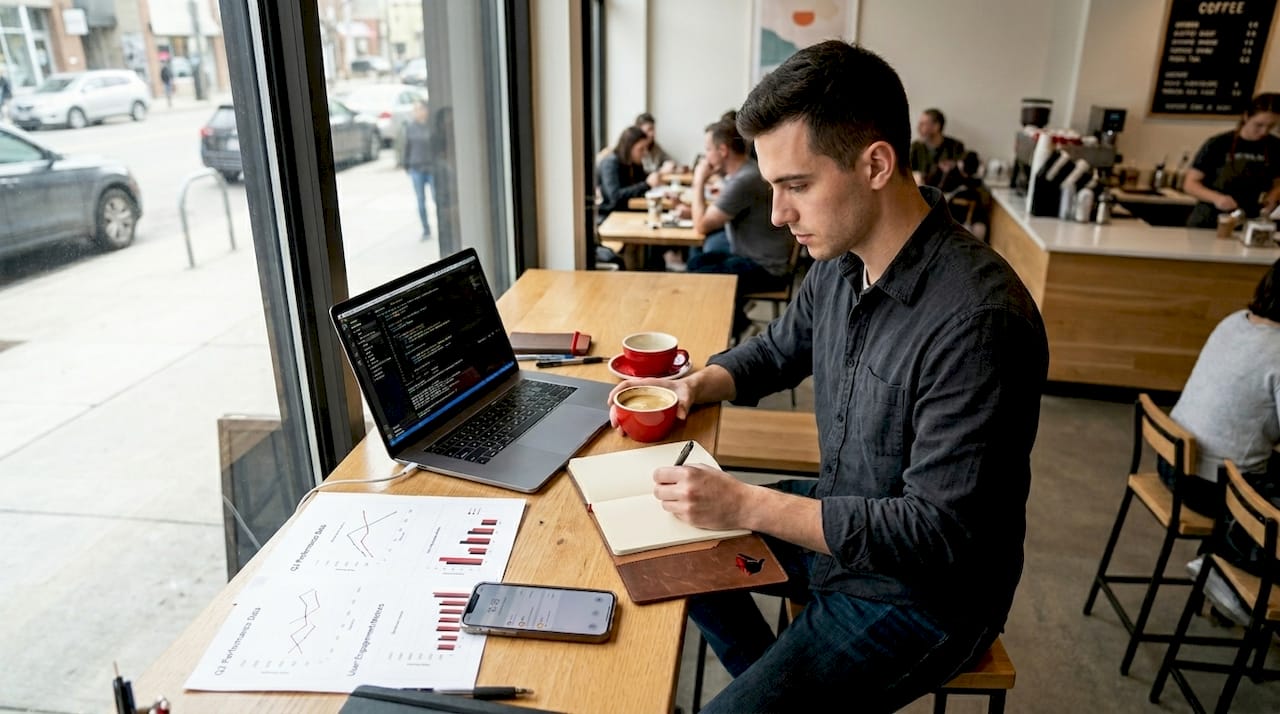 Professional data analyst writing notes