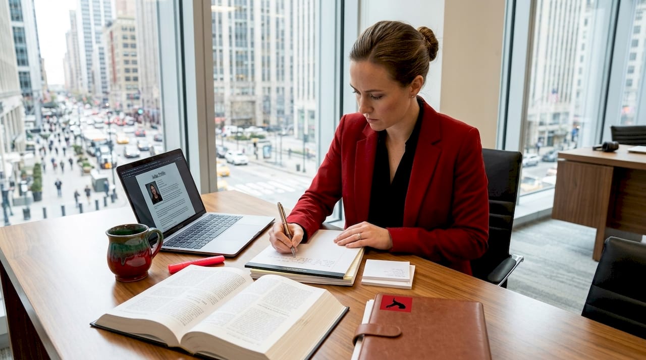 Litigator preparing case notes with research materials
