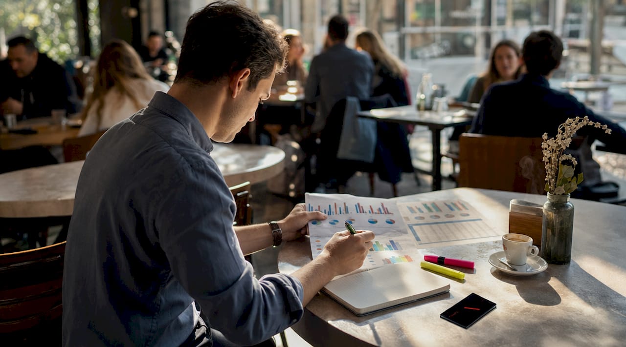Hands planning analytical outputs on survey sheet