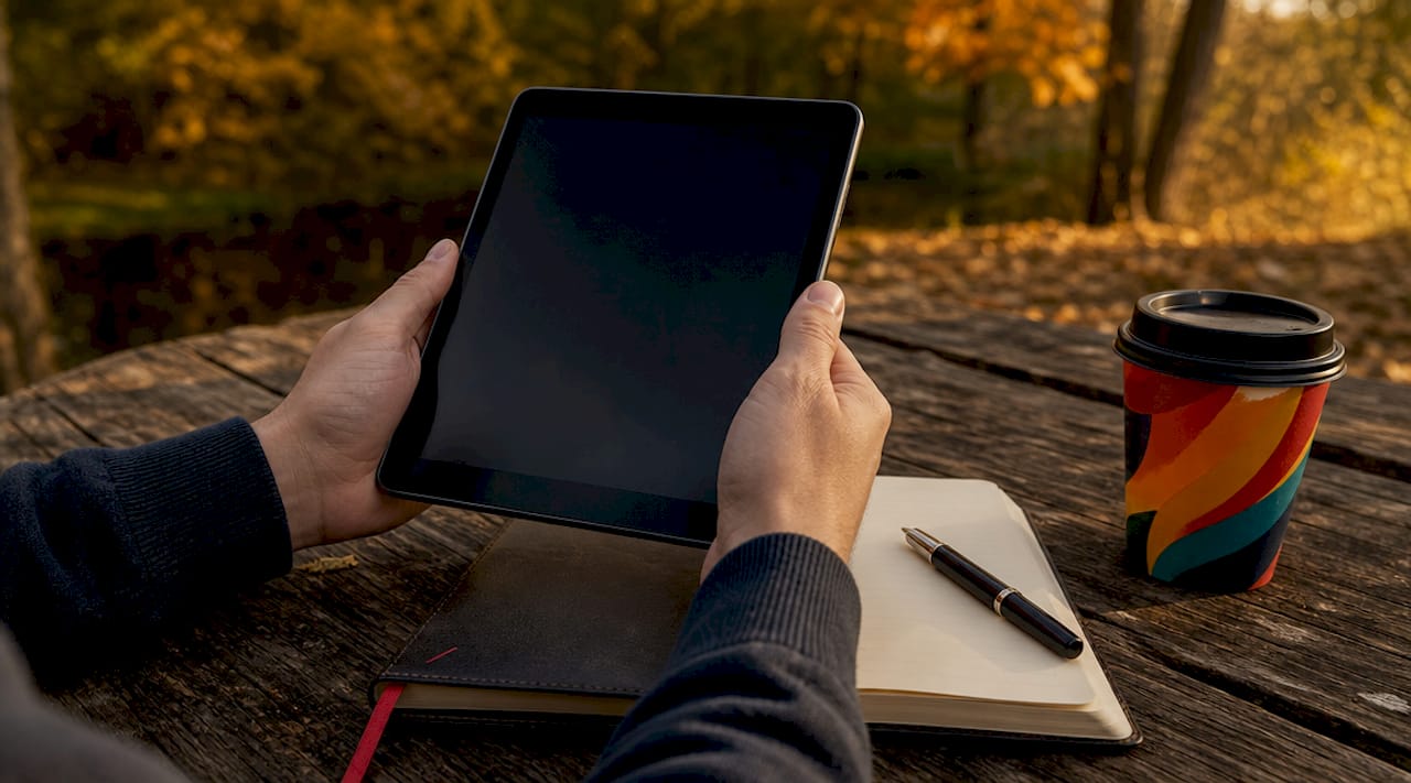 Hands holding tablet in café with coffee cup