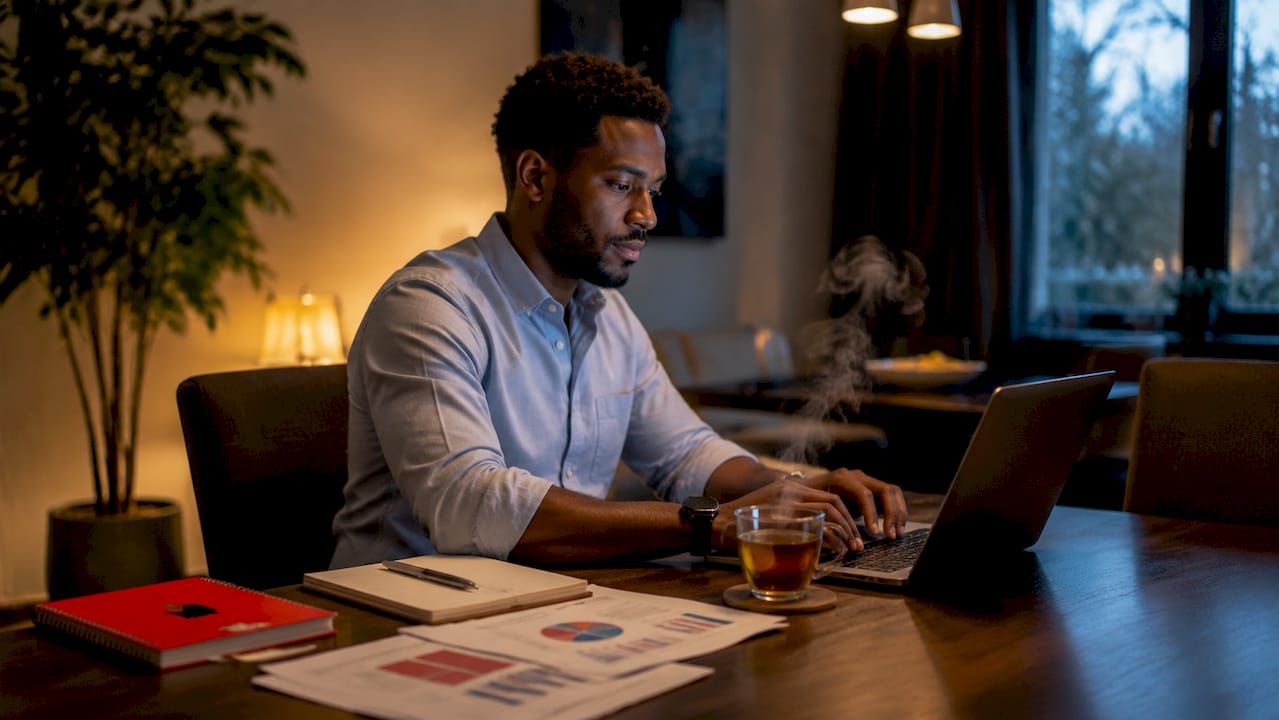 Hands typing on laptop with consumer data around