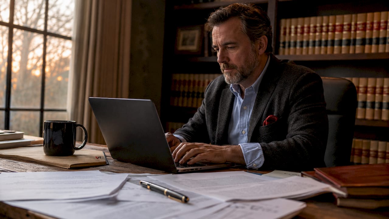 Attorney drafting issue statement in office