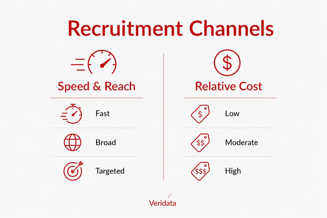 Infographic comparing recruitment channels by speed, reach, and cost
