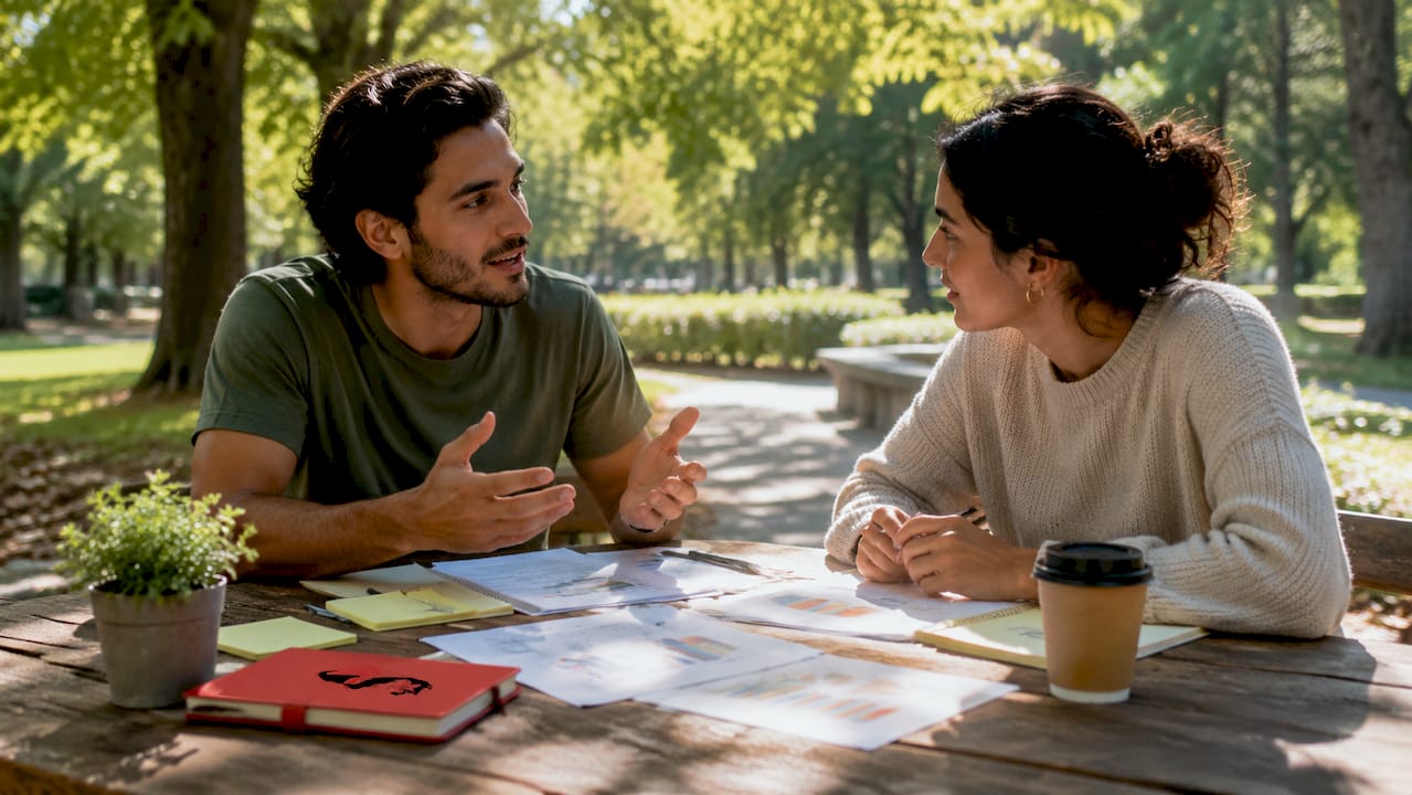 Pair discussing descriptive research methods outdoors