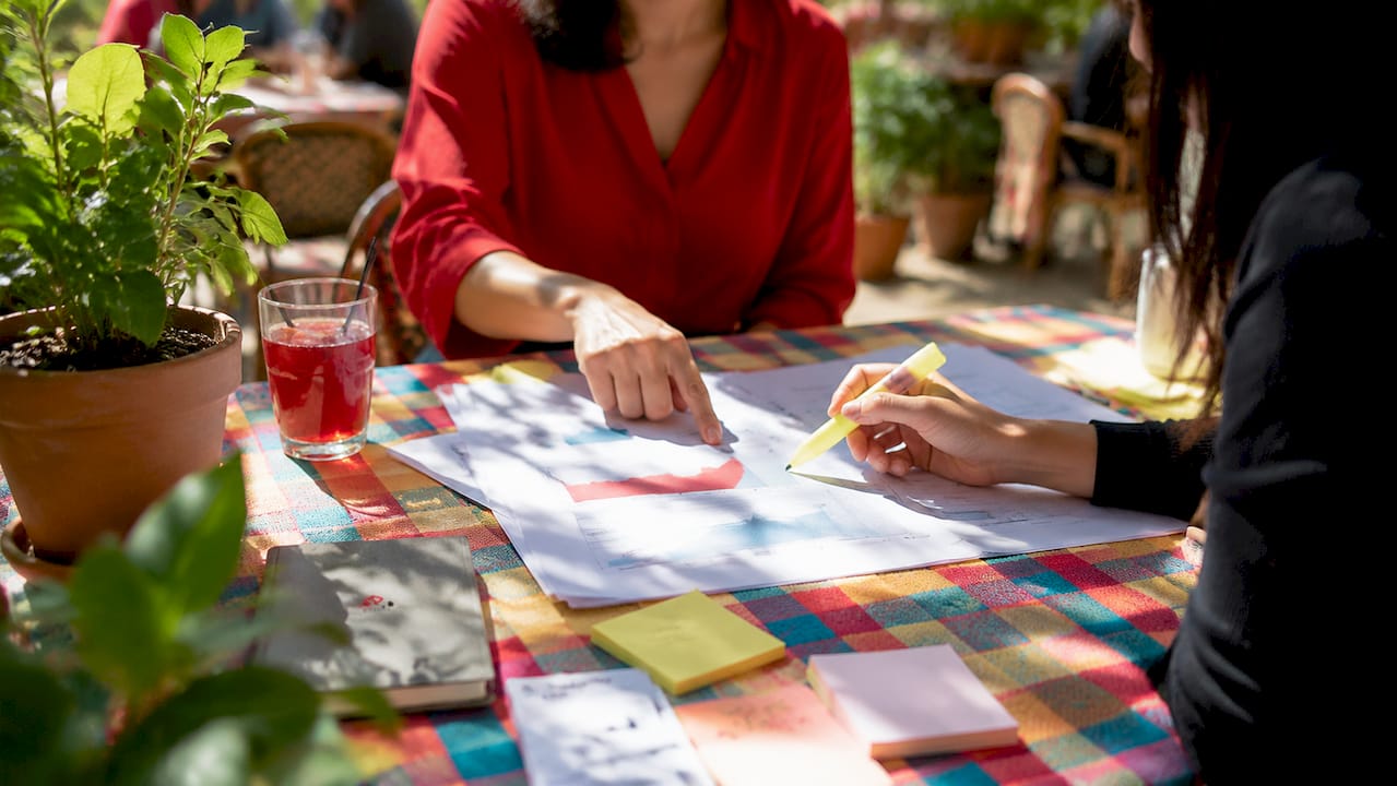 Hands pointing at segmentation criteria documents on wooden table