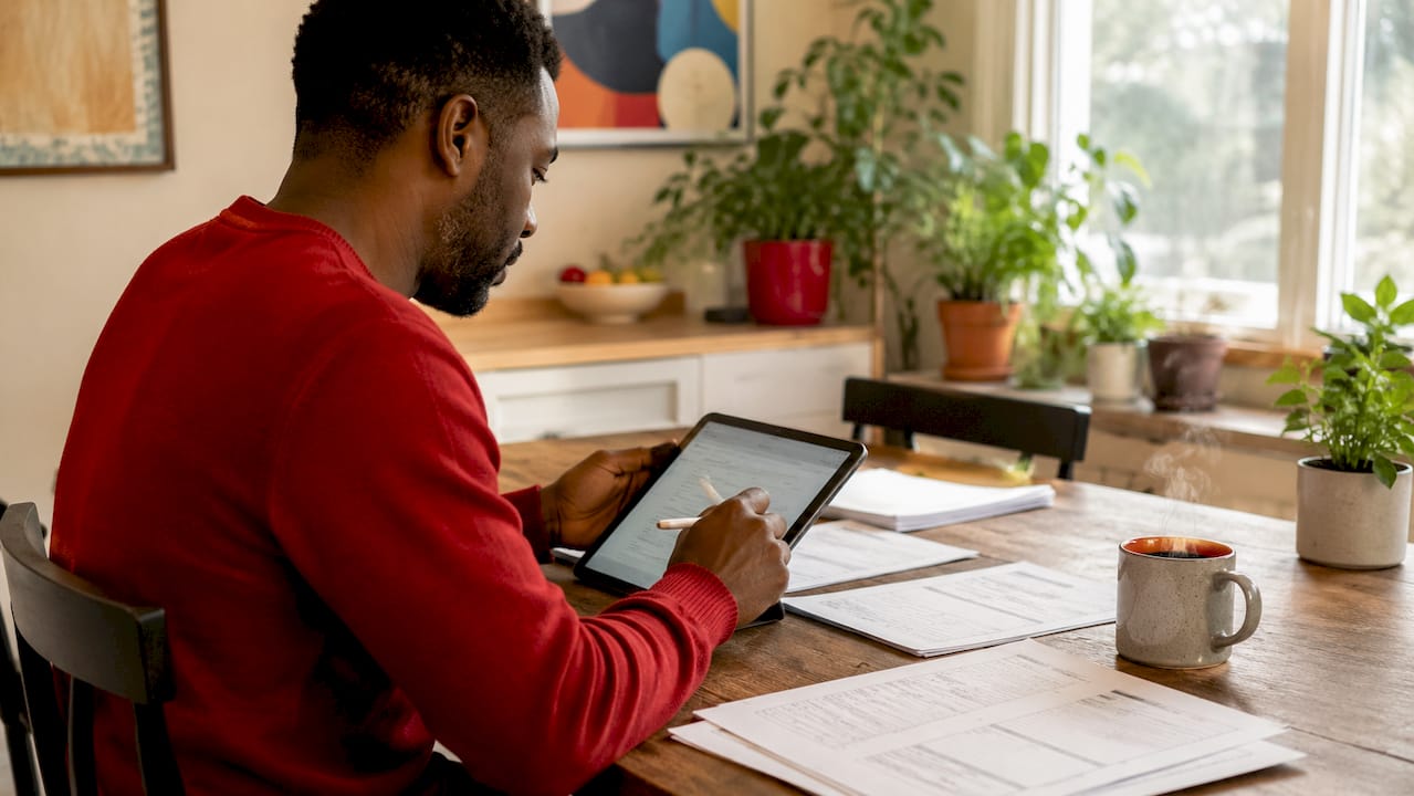 Hands entering survey data on tablet in modern workspace