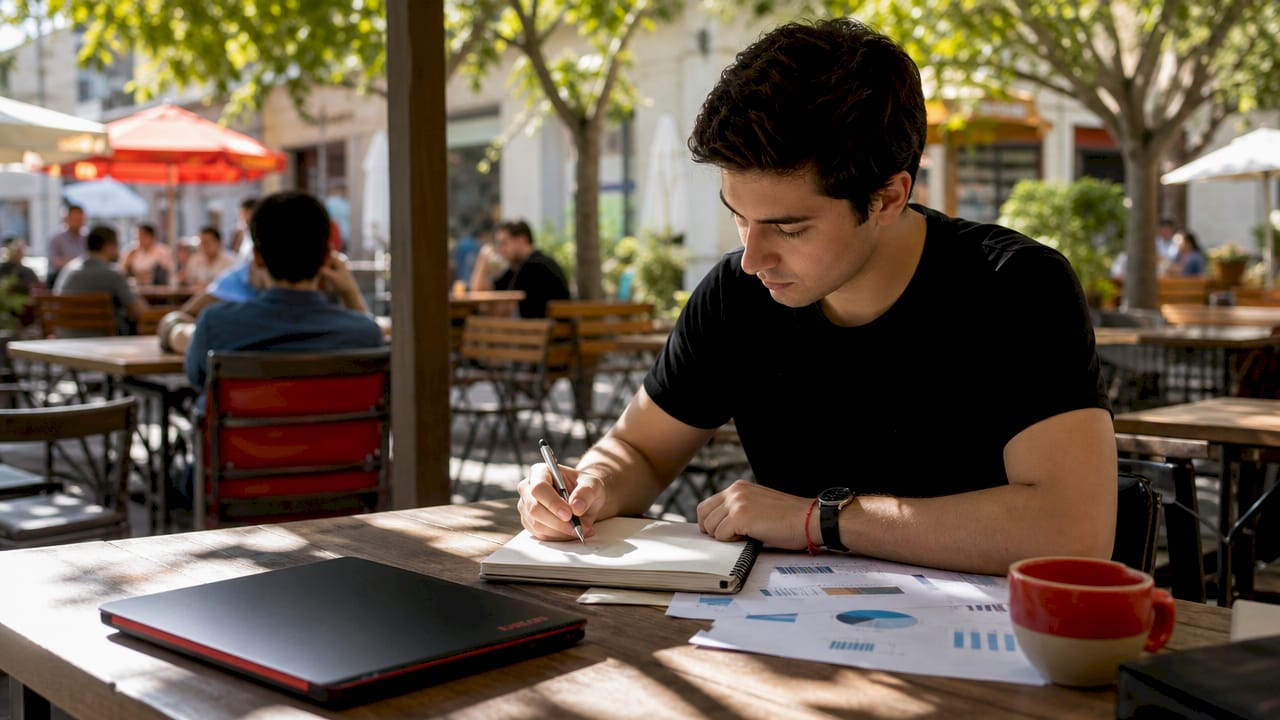Junior market research analyst writing notes