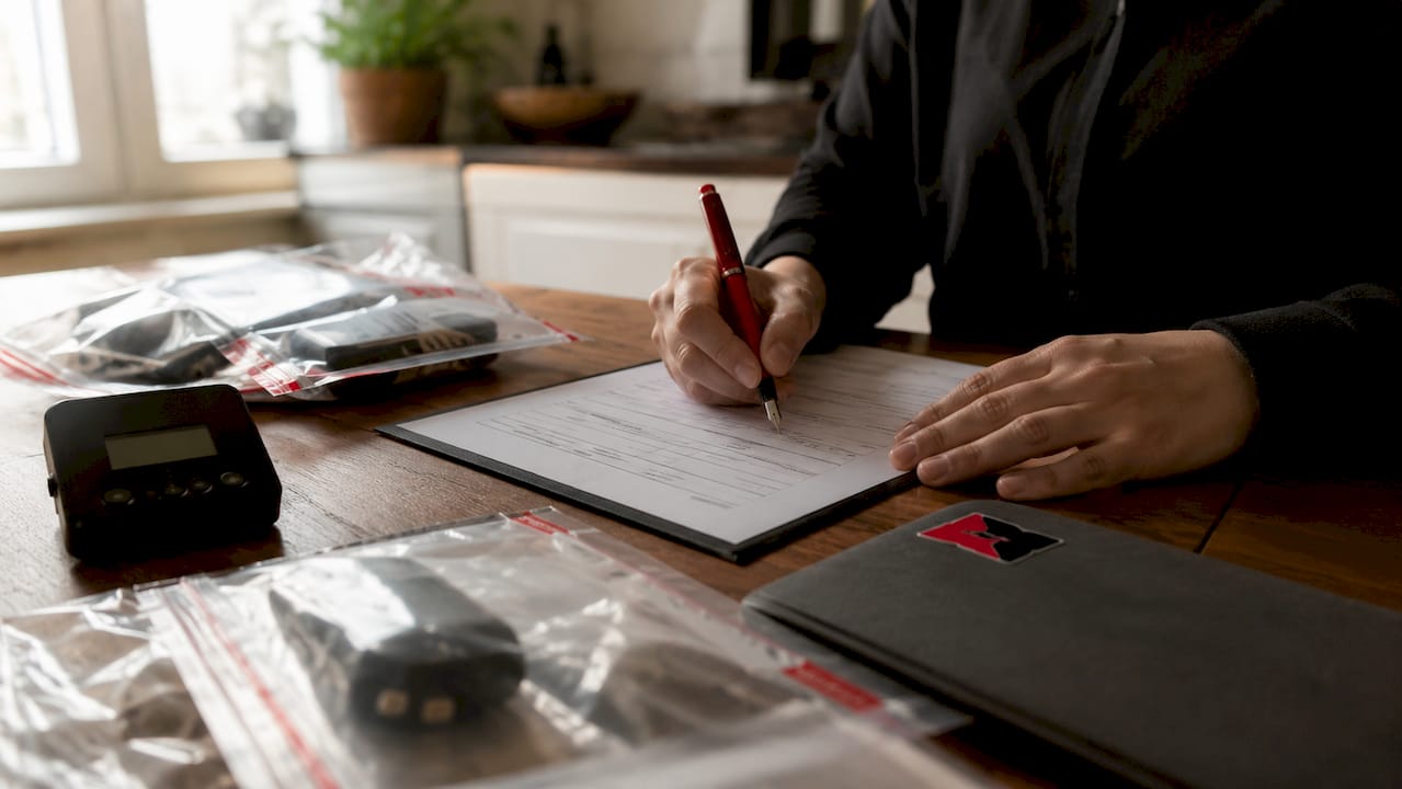 Hands documenting chain of custody signatures on legal papers