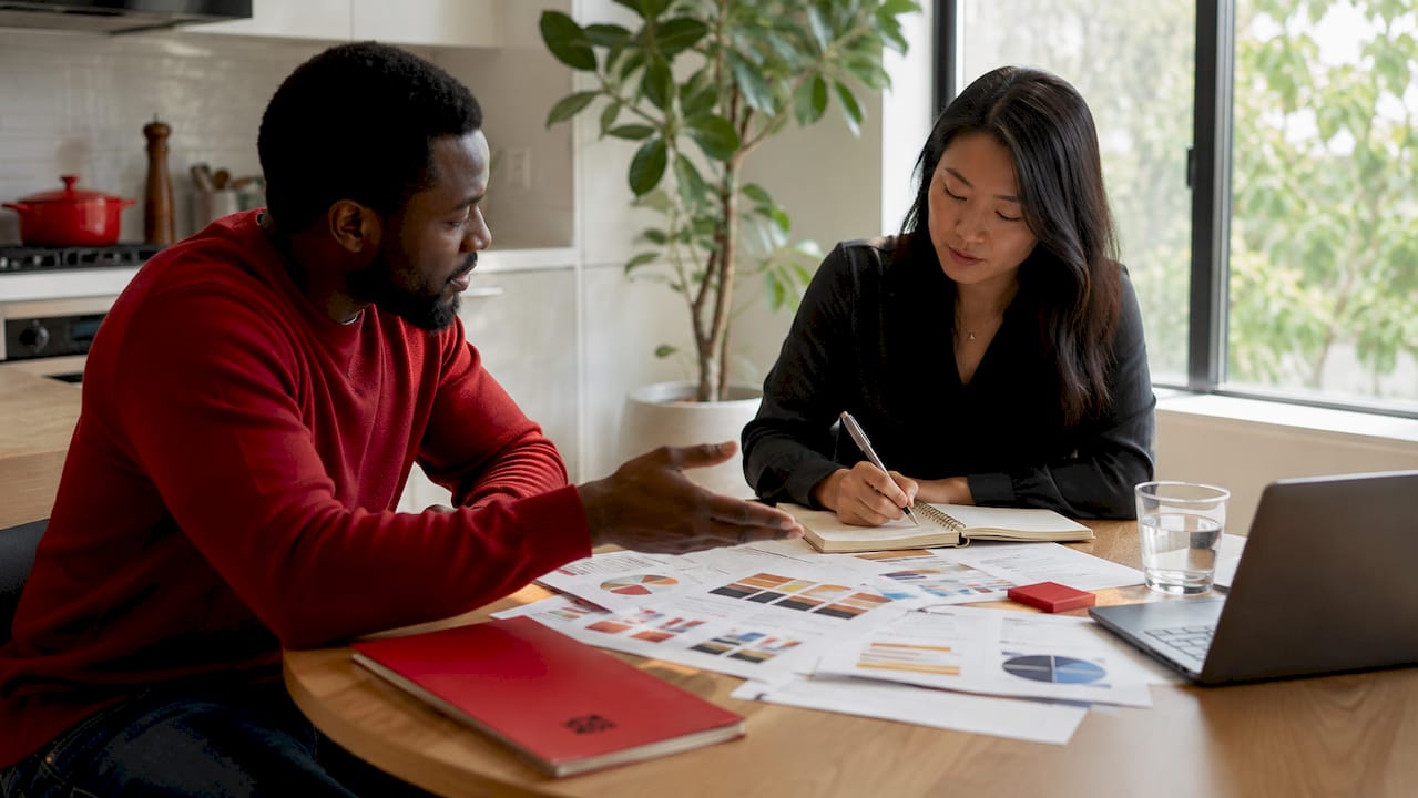 Diverse professionals discussing conjoint research charts