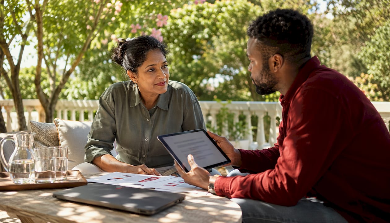 Colleagues pilot testing client survey drafts at home office