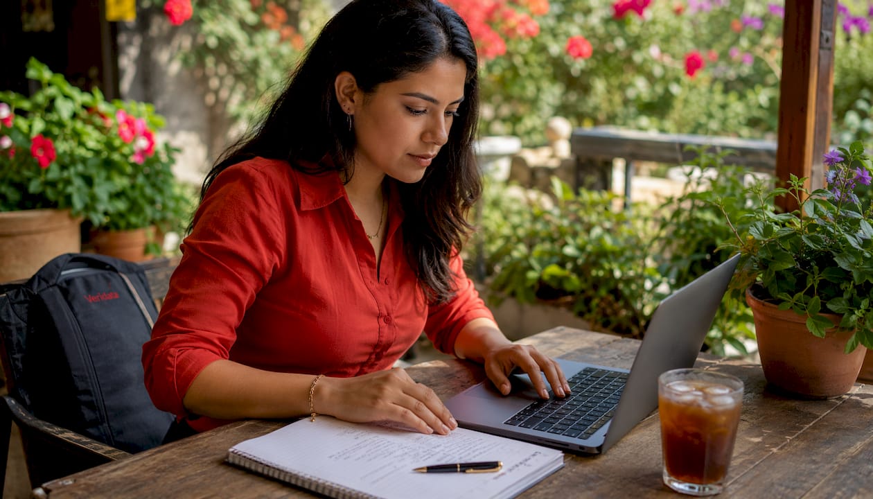 Hands typing survey questions on laptop in café
