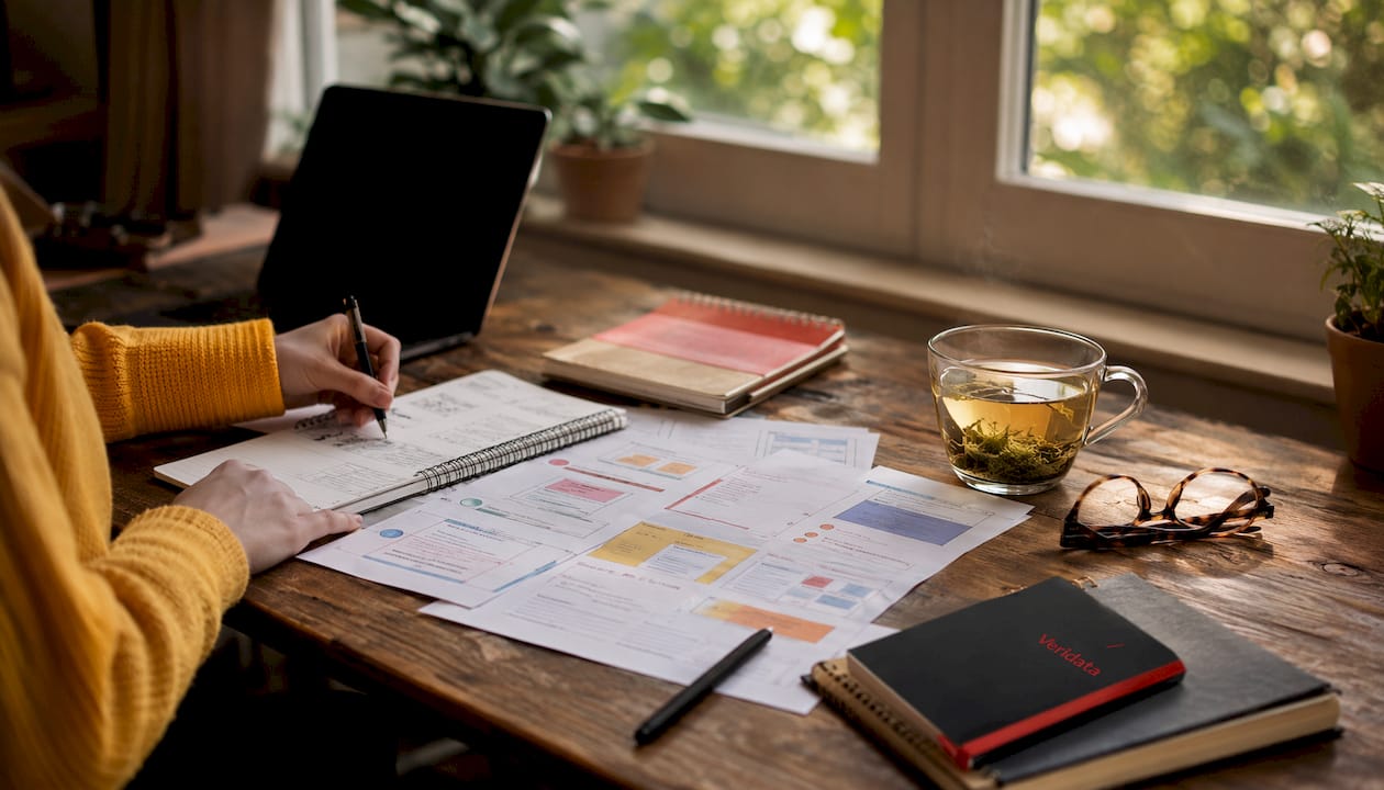 Overhead view of survey templates and office desk
