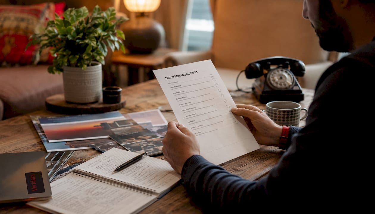 Hands reviewing brand messaging checklist