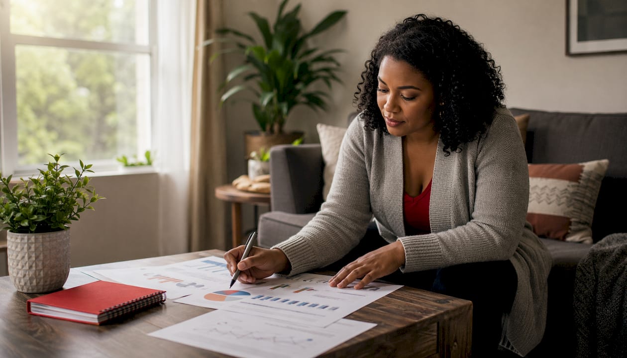 Analyst examining firmographic data sheets on desk