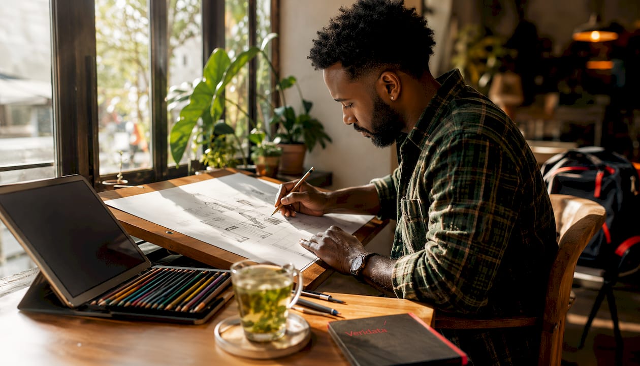 Designer sketching portfolio work at drafting table