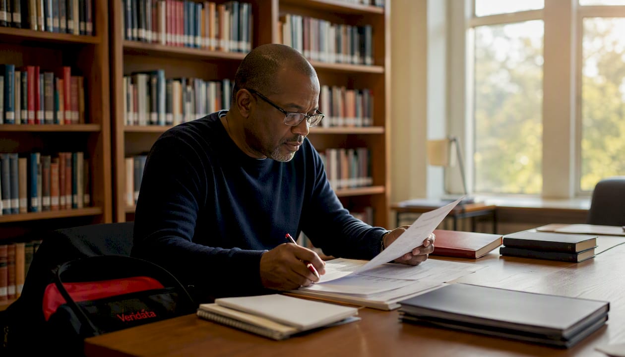 Researcher reviewing printed questionnaire notes