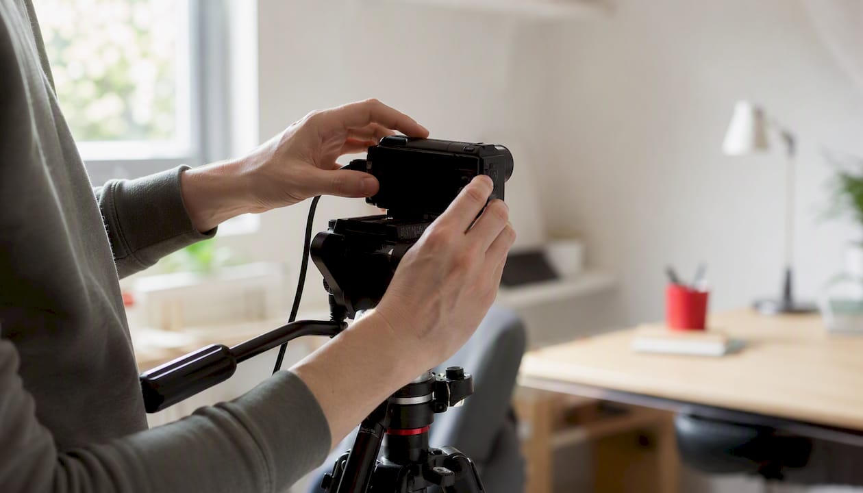 Hands setting up video diary camera