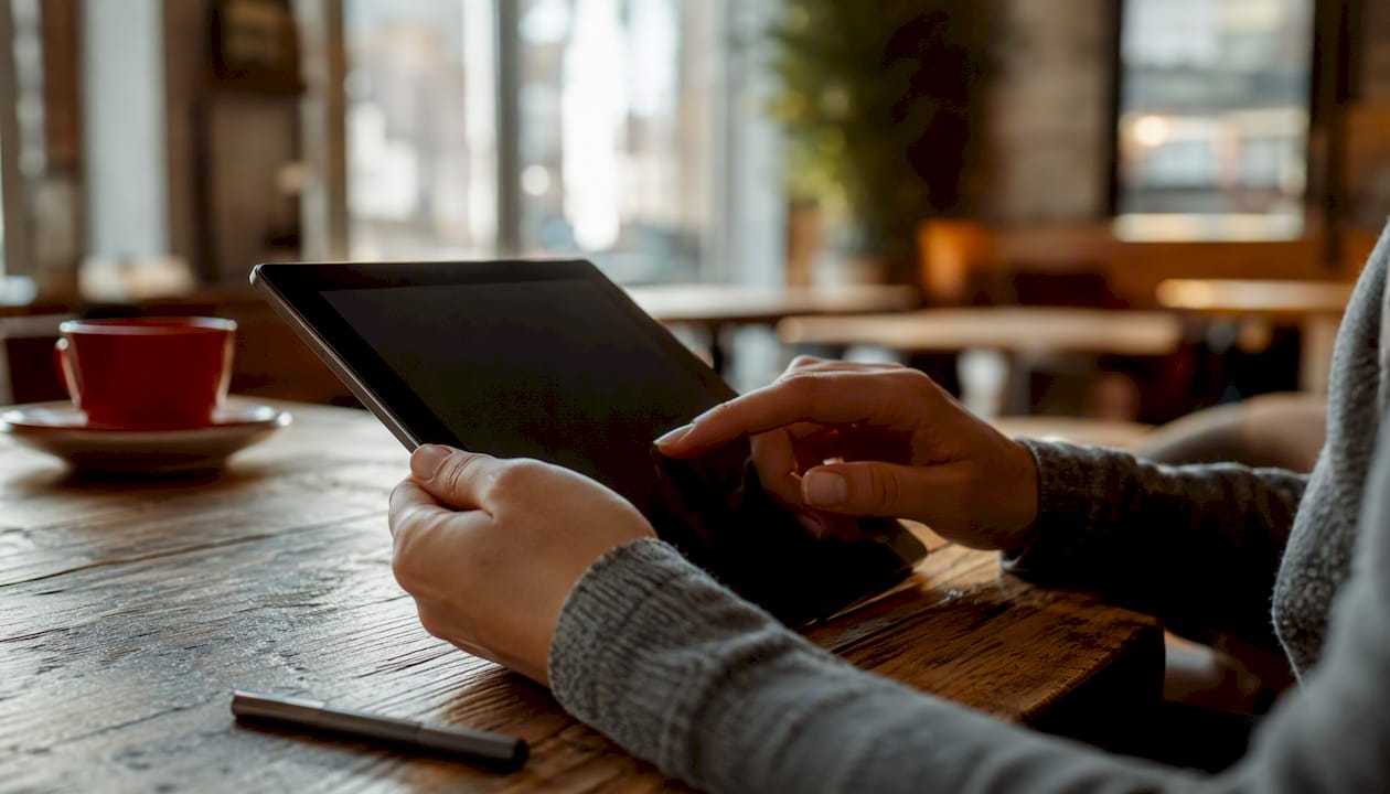 Hands holding tablet for online survey